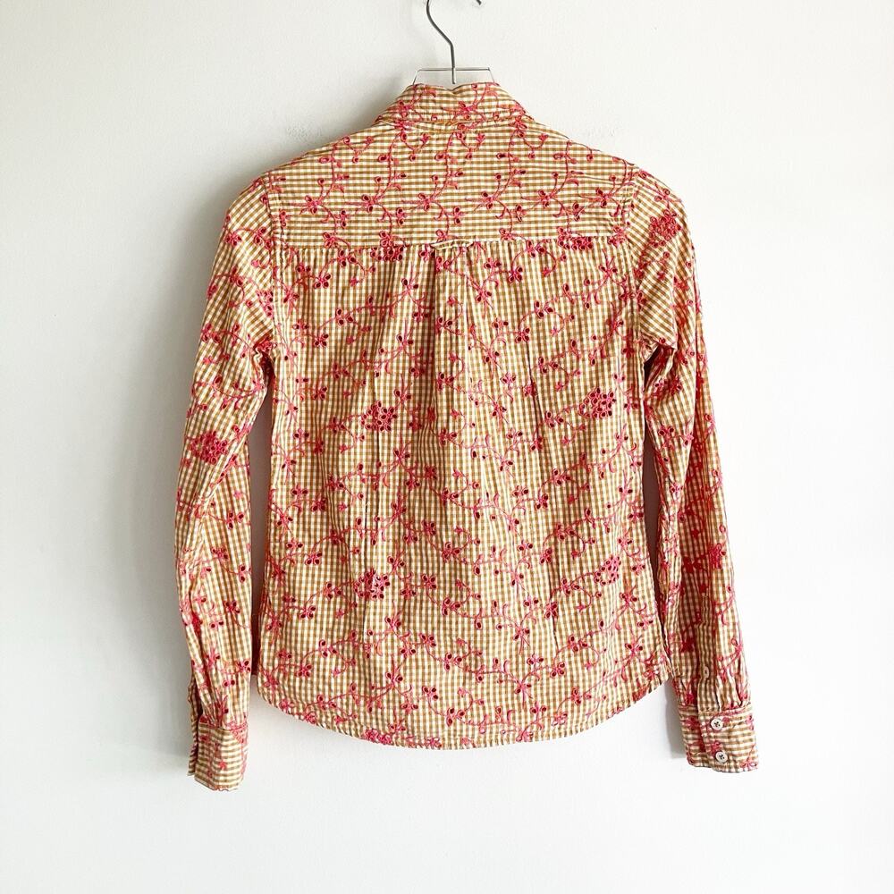 Anthropologie Odille 4 Eyelet Gingham Blouse Button Front Long Sleeve Orange Red - Picture 4 of 7